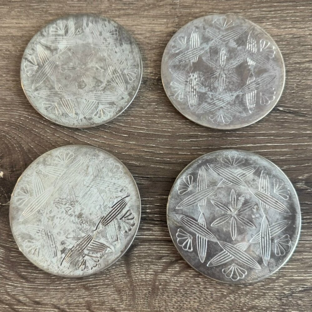 Set of 4 Vintage Silver Tone Metal Resin Cover Coasters 3.5 "